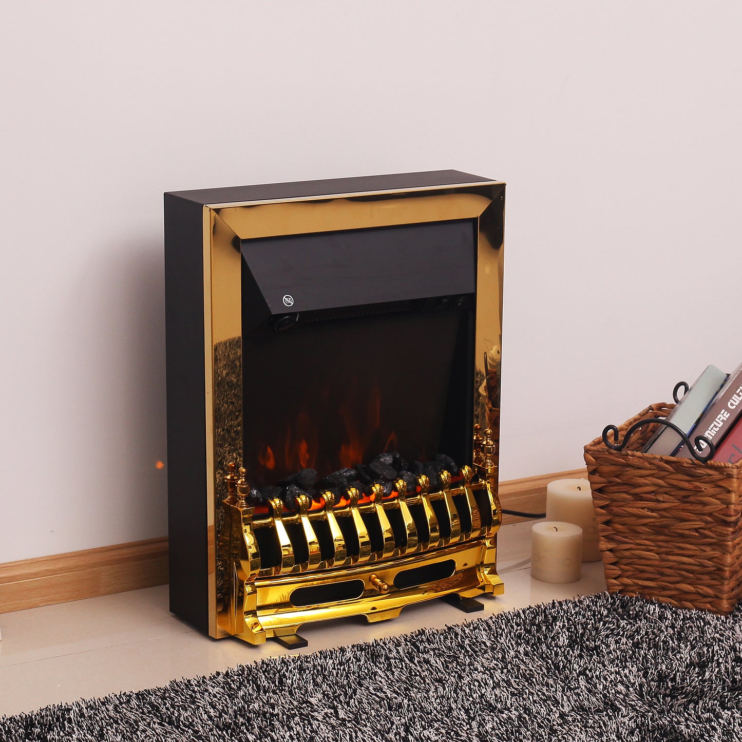 HOMCOM Elektrokamin mit Heizung, elektrischer Kamin mit LED Flammeneffekt, 1000/2000W Dekokamin, elektrisch Kaminfeuer Kaminofen, Gold