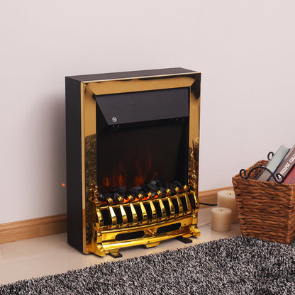 HOMCOM Elektrokamin mit Heizung, elektrischer Kamin mit LED Flammeneffekt, 1000/2000W Dekokamin, elektrisch Kaminfeuer Kaminofen, Gold