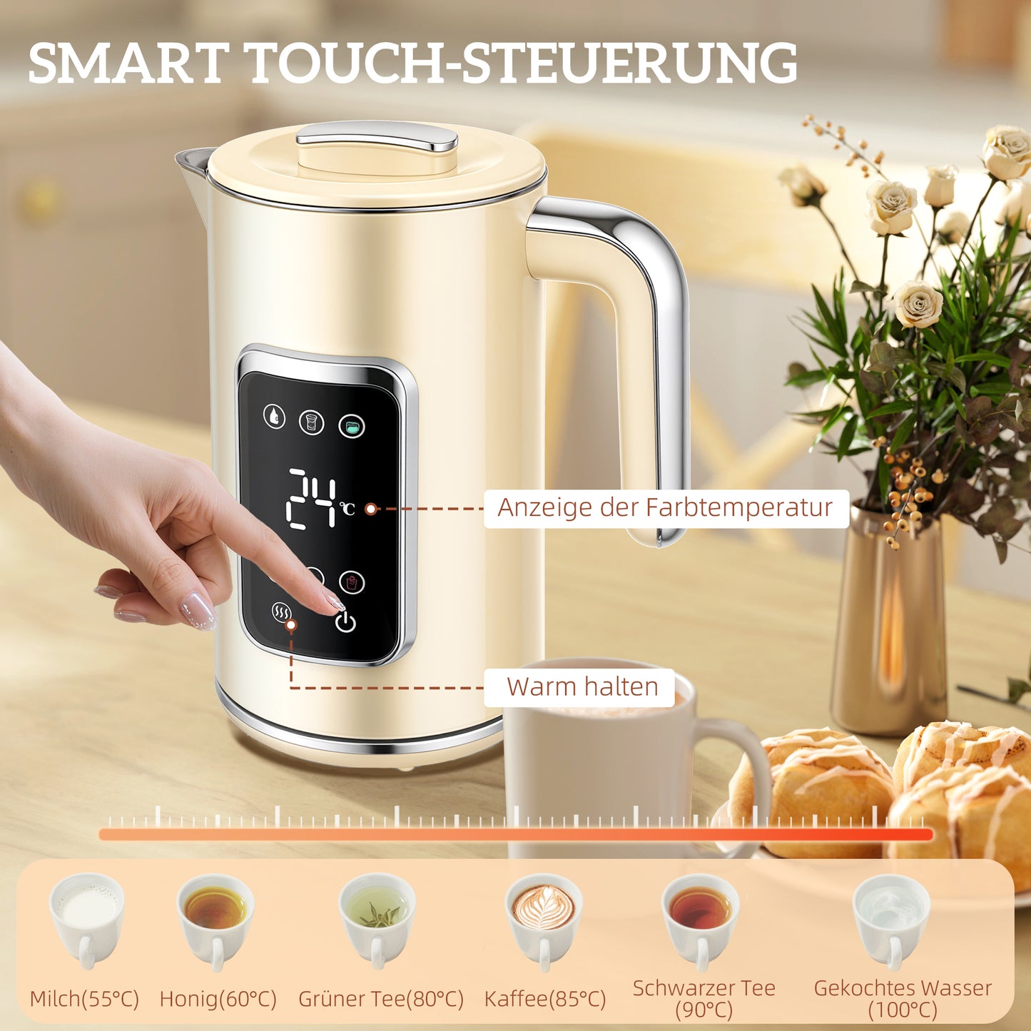 HOMCOM Wasserkocher und Toaster-Set mit LED-Touchscreen, 1,7 L, 2 Toasterschlitze, verschiedene Modi und Funktionen, Cremeweiß
