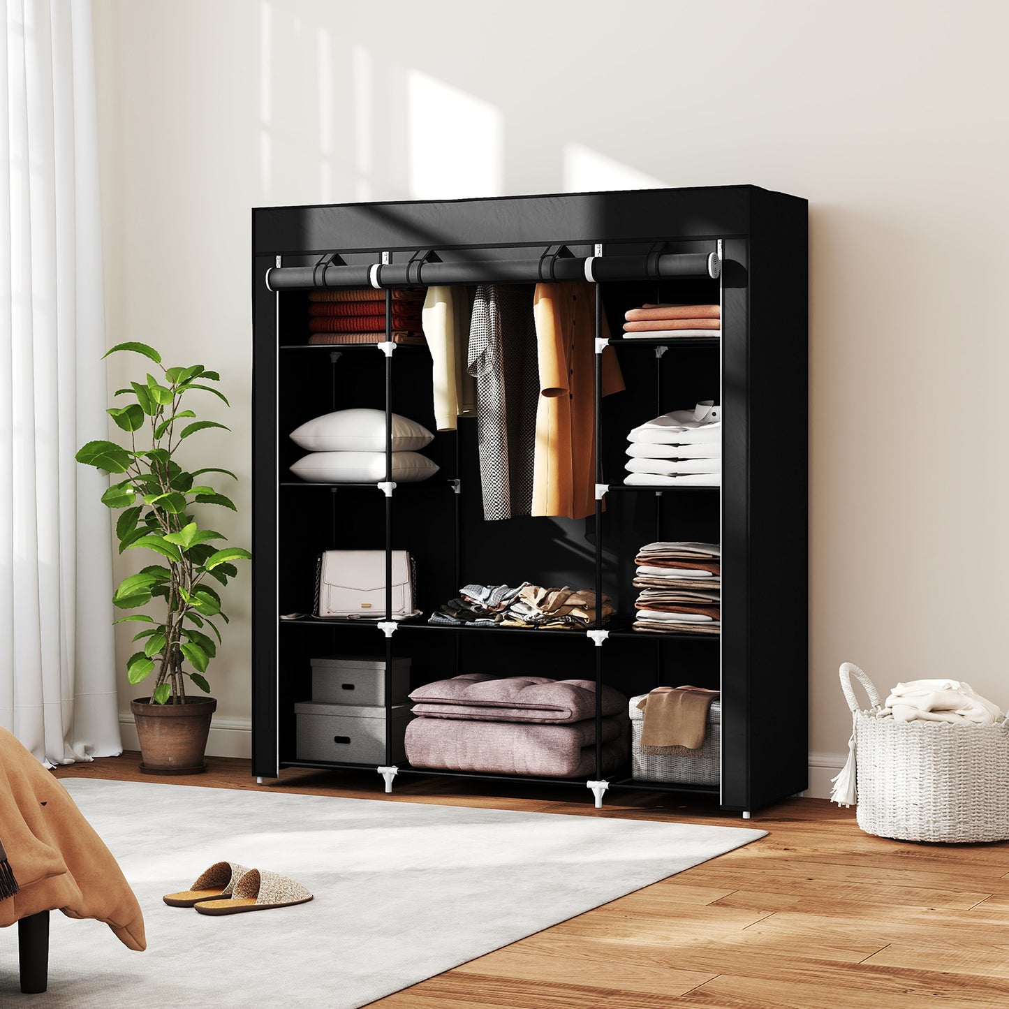 HOMCOM Stoffschrank aus Vlies, Faltschrank, 1 Kleiderstange, 9 Regale, 150 cm x 43 cm x 162,5 cm, Schwarz