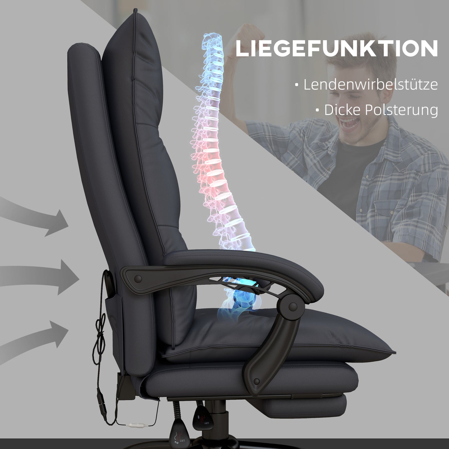 Vinsetto Bürostuhl mit Massagefunktion & Heizfunktion, Fußstütze, bis 120 kg, Dunkelgrau