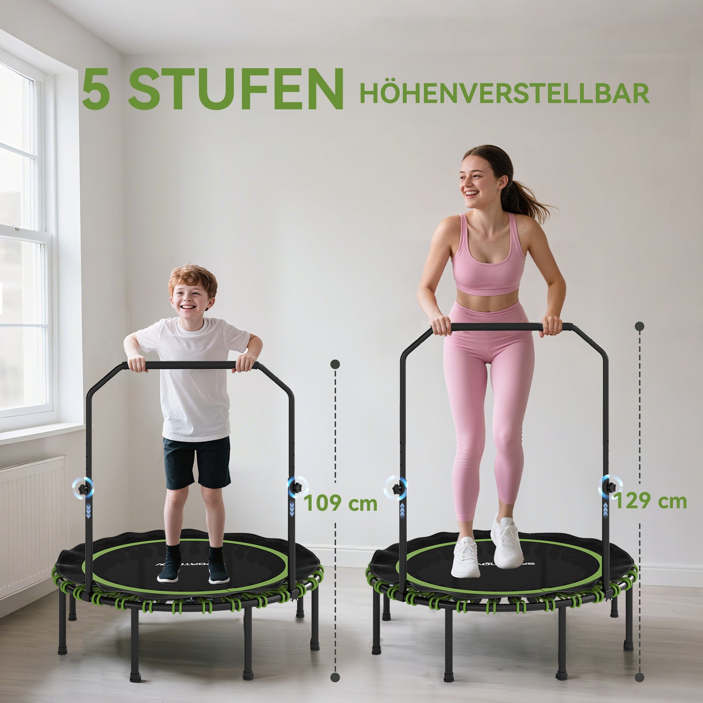 SPORTNOW Fitness-Trampolin mit verstellbarem Handlauf, Sport-Trampolin für drinnen und draußen, Stahl, Kunststoff, Grün