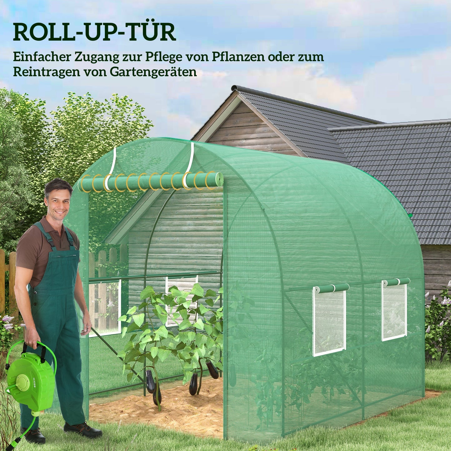 Outsunny Gewächshaus 245x200x198cm Foliengewächshaus Tomatenhaus mit Tür, 4 Fenster, Folientunnel aus verzinktem Stahl, PE, stabiles Treibhaus Pflanztunnel, inkl. Erdanker & Seilen, Grün