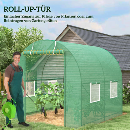 Outsunny Gewächshaus 245x200x198cm Foliengewächshaus Tomatenhaus mit Tür, 4 Fenster, Folientunnel aus verzinktem Stahl, PE, stabiles Treibhaus Pflanztunnel, inkl. Erdanker & Seilen, Grün
