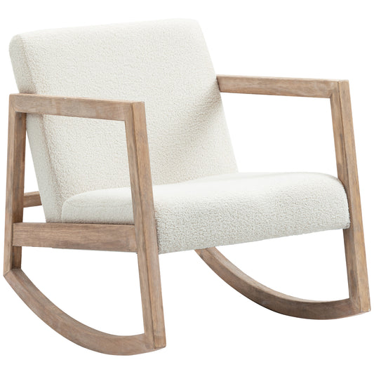 HOMCOM Schaukelstuhl mit Holzrahmen gepolstert Relax Stuhl Sessel Stuhl Wohnzimmersessel Lounge mit gepolsterter Sitzfläche Kautschukholz Cremeweiß 60 x 81 x 71 cm