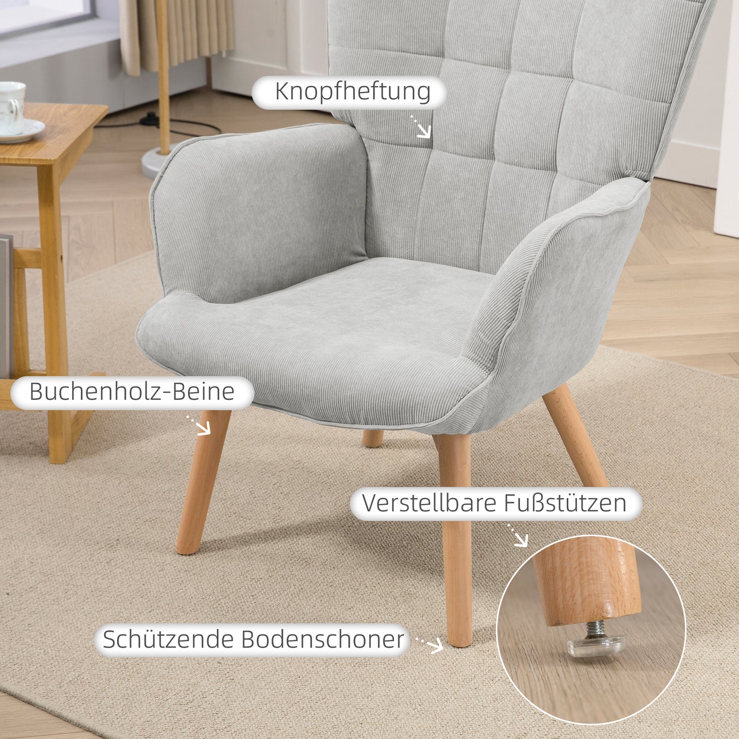 HOMCOM Akzentsessel mit Hocker, Relaxsessel in Cord-Optik, Armlehnstuhl mit Holzbeinen, für Wohnzimmer, Grau