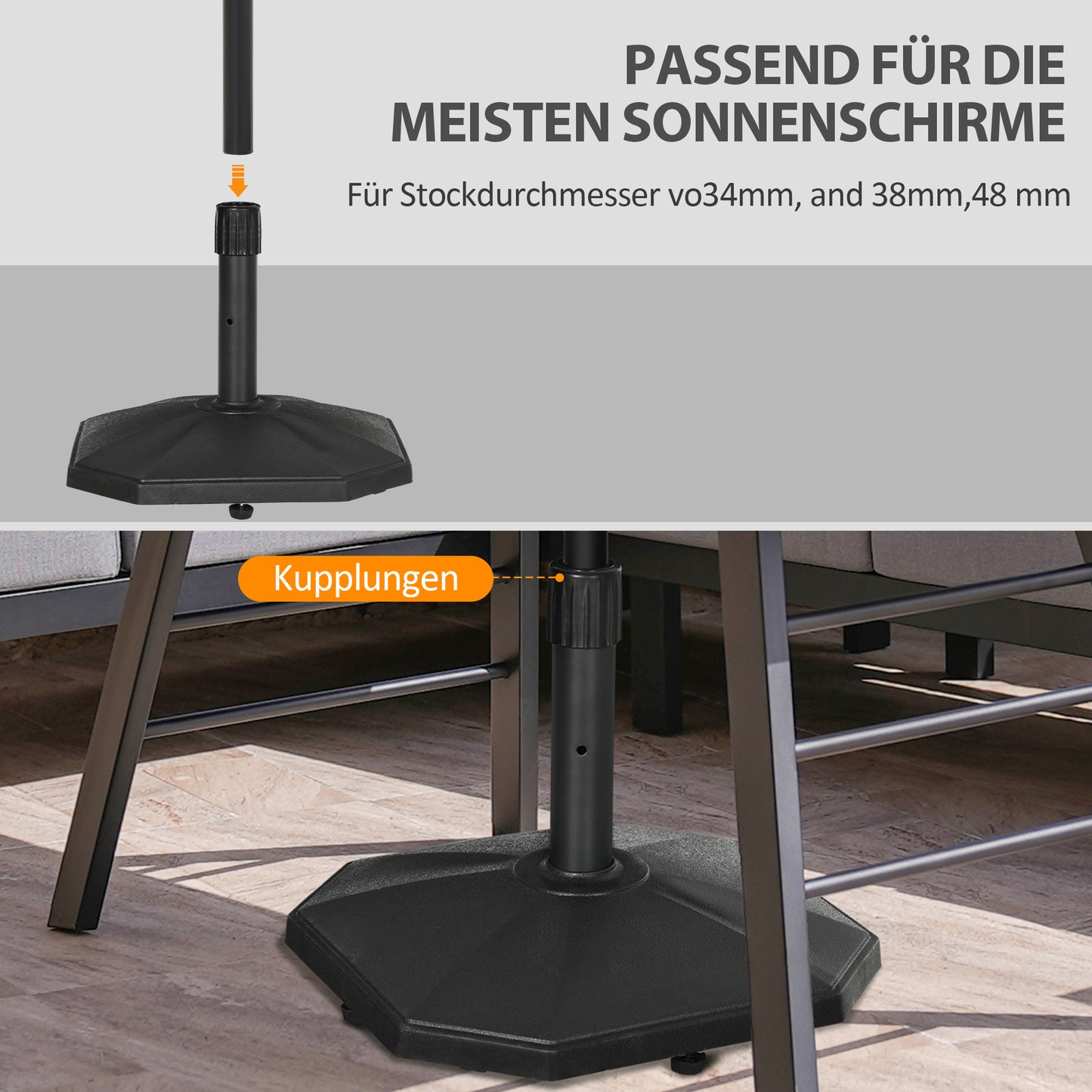Outsunny Schirmständer, 18 kg, Zementfüllung, kompakte Form, Kunststoffgehäuse, schwarz, 45,5 x 45,5 x 33 cm