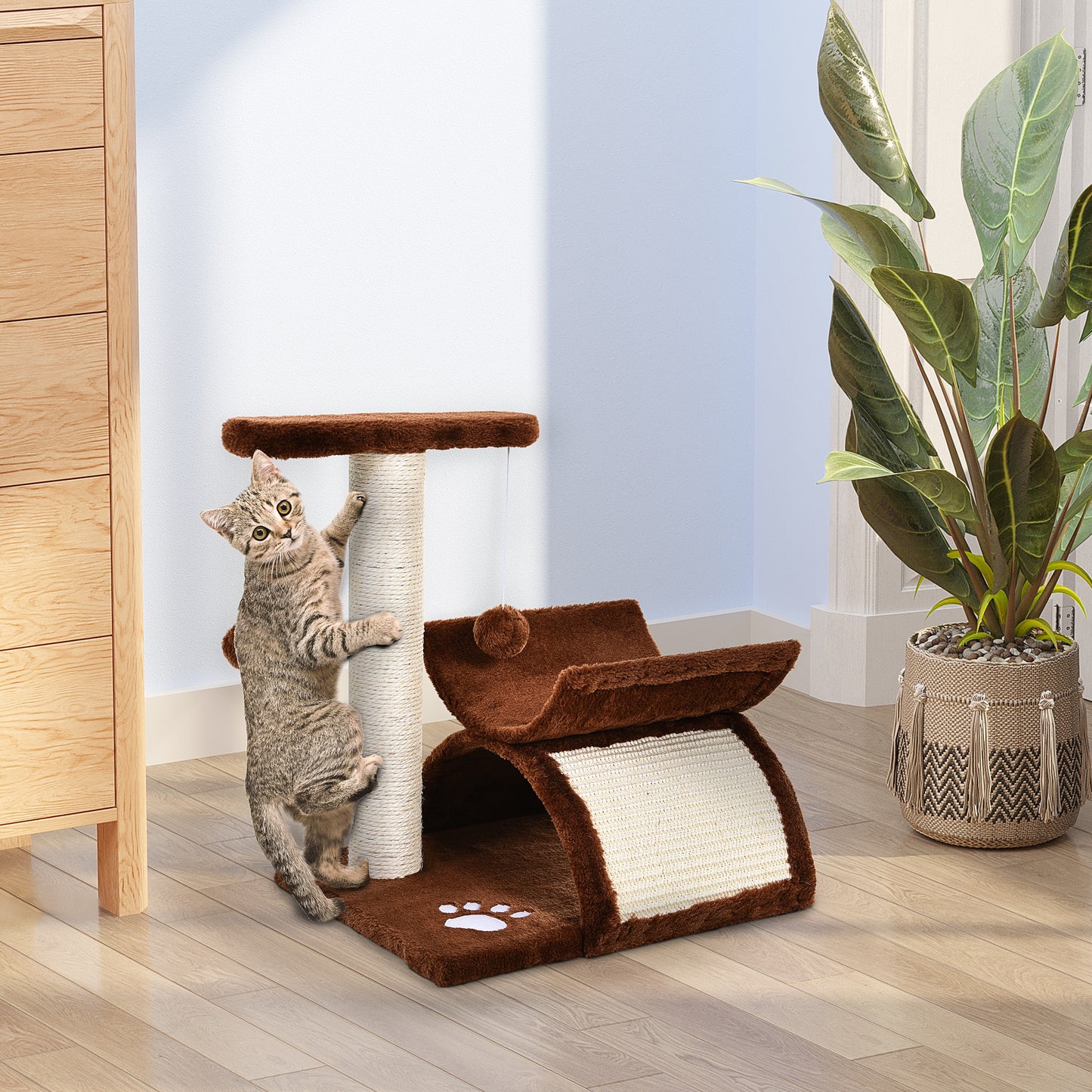 PawHut Kratzbaum klein Katzenkratzbaum Spielbaum Kratzstamm für Katzen mit Spielball Braun L40 x B30 x H43 cm