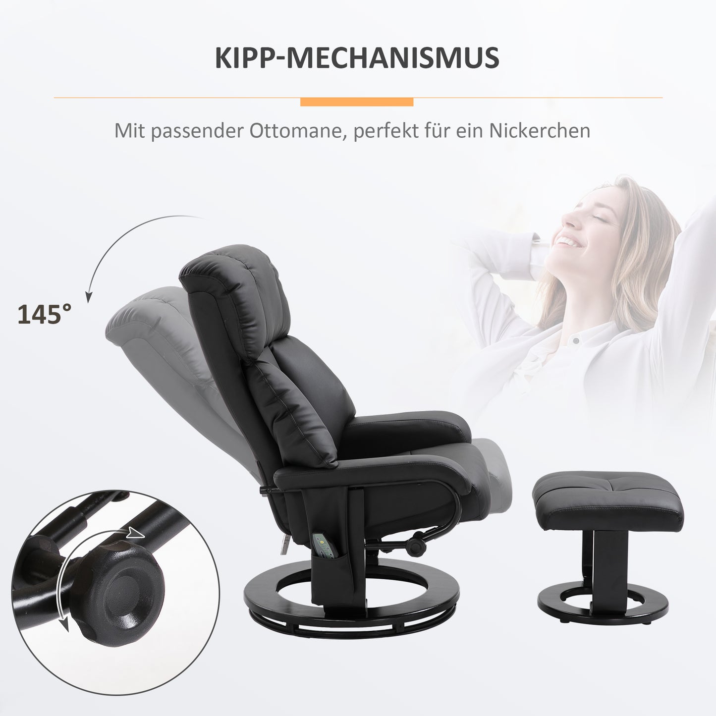 HOMCOM Relaxsessel mit Fußhocker, Massagesessel mit Liegefunktion, Elektrischer Liegesessel mit Fernbedienung, Fernsehsessel mit Seitentasche, Kunstleder, Schwarz