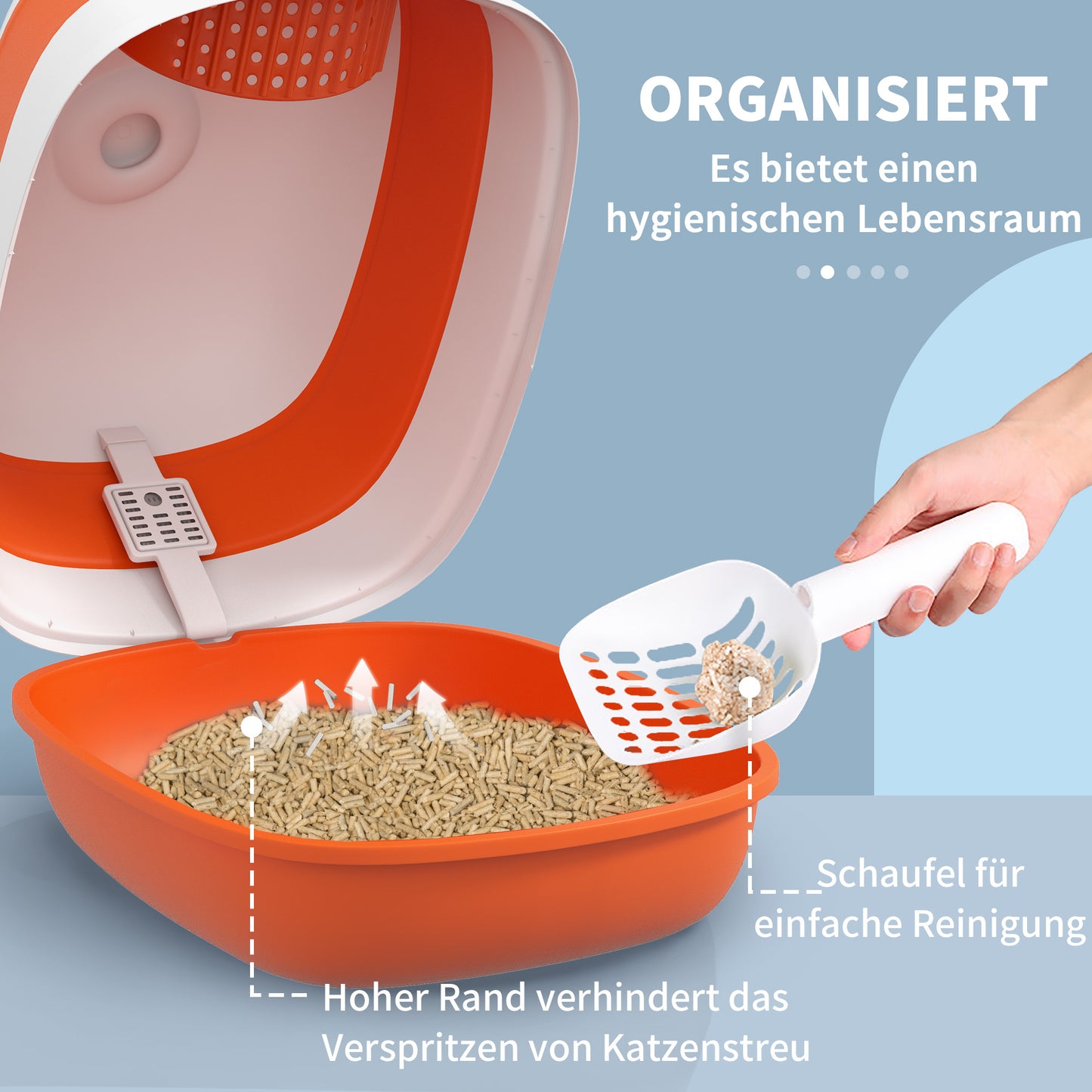 PawHut Katzentoilette, mit Deckel und Streuschaufel, für Katzen bis 5 kg, 52x41x38 cm, Weiß/Orange