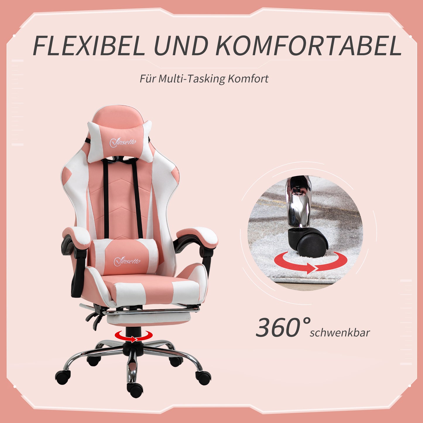 Vinsetto Gamingstuhl Computerstuhl Ergonomischer Bürostuhl Gamer Stuhl mit Kopfstütze Lendenkissen Bürostuhl höhenverstellbar 360°drehbar Schaumstoff Kunstleder PVC Rosa+Weiß 64 x 67 x 119-127 cm