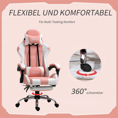 Vinsetto Gamingstuhl Computerstuhl Ergonomischer Bürostuhl Gamer Stuhl mit Kopfstütze Lendenkissen Bürostuhl höhenverstellbar 360°drehbar Schaumstoff Kunstleder PVC Rosa+Weiß 64 x 67 x 119-127 cm