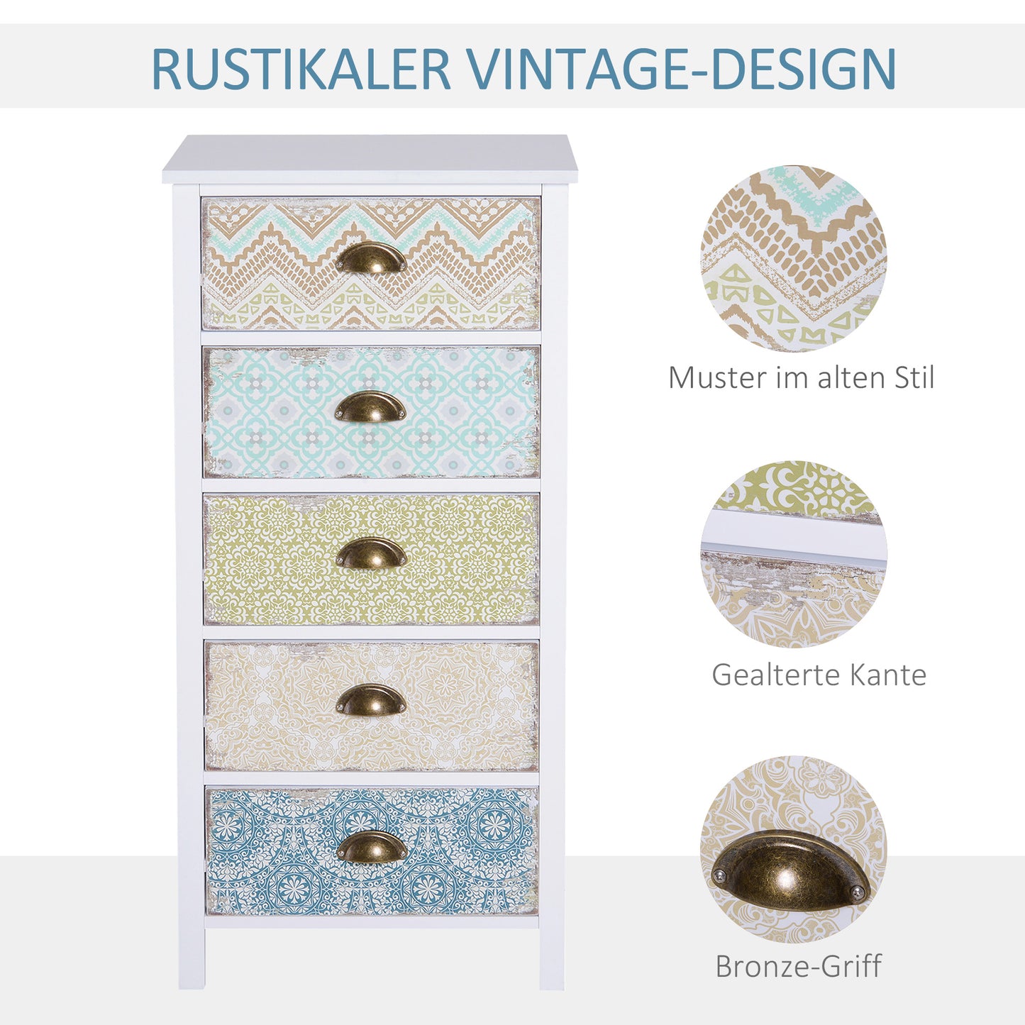 HOMCOM Kommode Schubladenkommode Siedeboard, Modern-Design, 5 Schubladen, 46 cm x 34 cm x 97,5 cm, Bunt