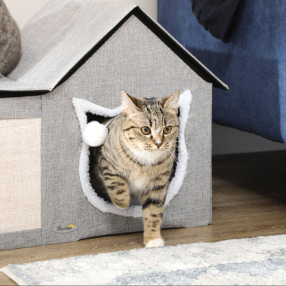 PawHut Katzenhaus mit Kratzfläche, inkl. Spielball, Katzenhöhle, 65 cm x 41 cm x 45.5H cm, Braun + Weiß + Beige