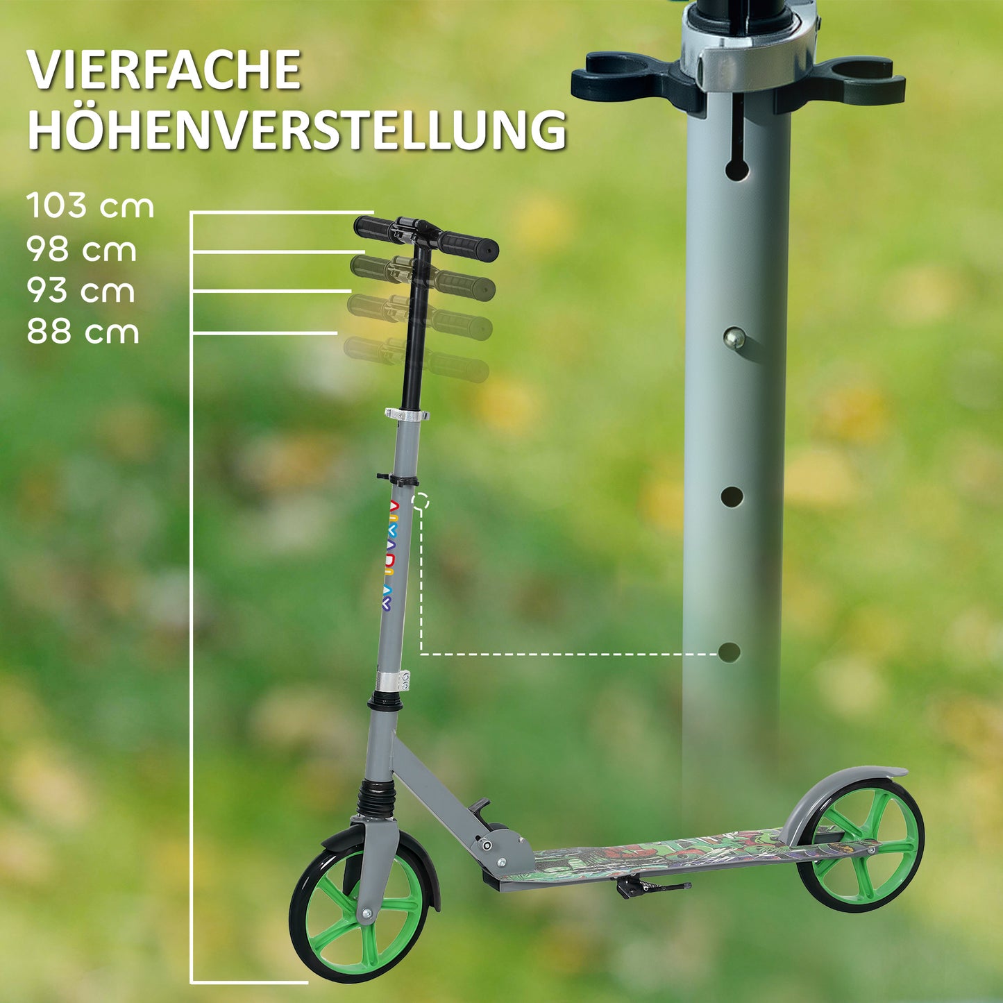 AIYAPLAY Tretroller, höhenverstellbar, Hinterradbremse, faltbar, 100 kg belastbar, Grün