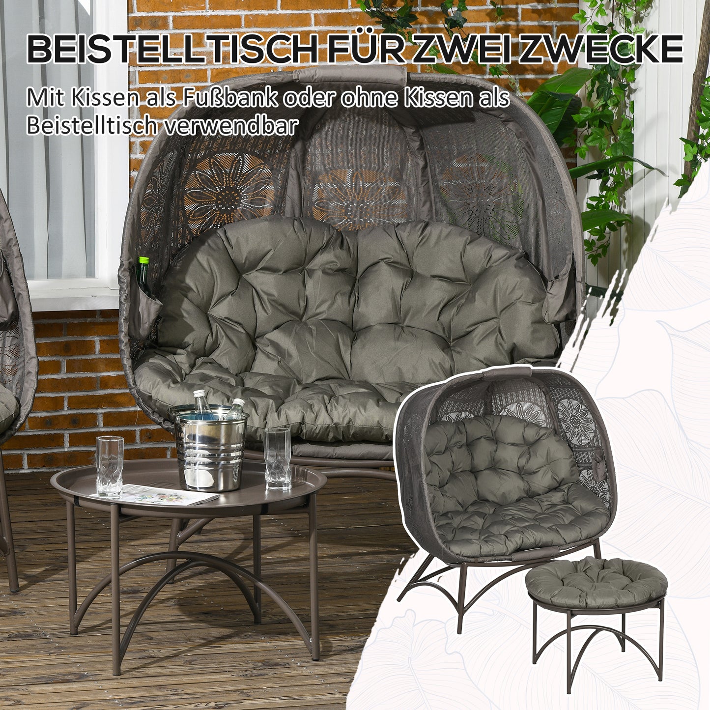 Outsunny Gartenmöbel-Set, 2 Korbsessel mit Beistelltisch, faltbar, Sitzauflagen, Metallgestell, Farbe: Sand