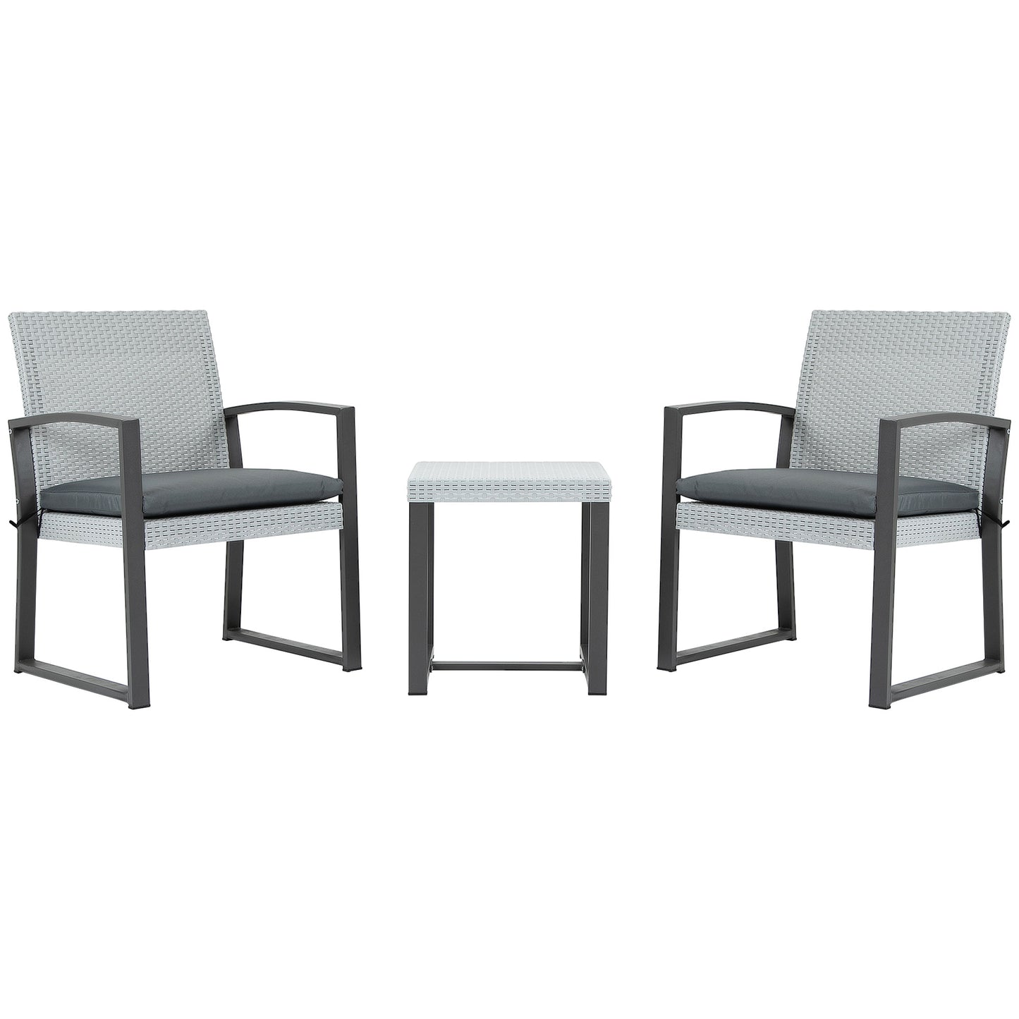Outsunny Polyrattan Sitzgruppe für 2 Personen Balkonmöbel Set mit Beistelltisch mit Sitzkissen Stahl Schwarz+Grau