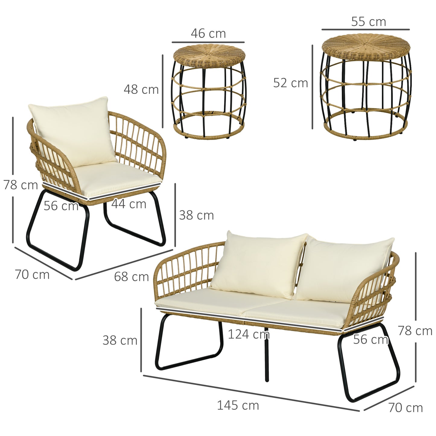 Outsunny Rattansitzgruppe Lounge-Set Outdoor-Sitzgruppe, Boho-Stil, 5-teilges Set, 145 x 70 x 78 cm, Creme + Natur + Schwarz