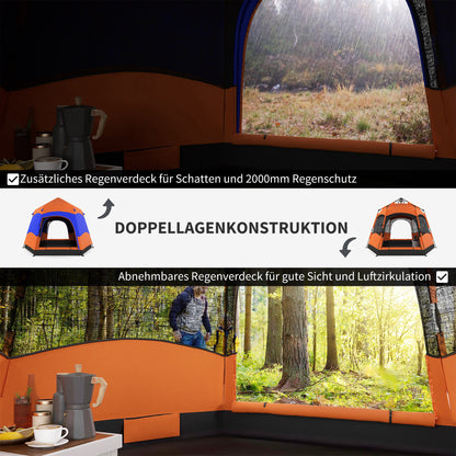 Outsunny Doppellagiges Instant-Pop-Up-Zelt mit Regenschutz, Outdoor Familienzelt für 4 Personen wasserdicht sechseckig 4 Jahreszeiten Kuppelzelt mit Bodenplane 2 Türen Moskitonetz Tragetasche Orange