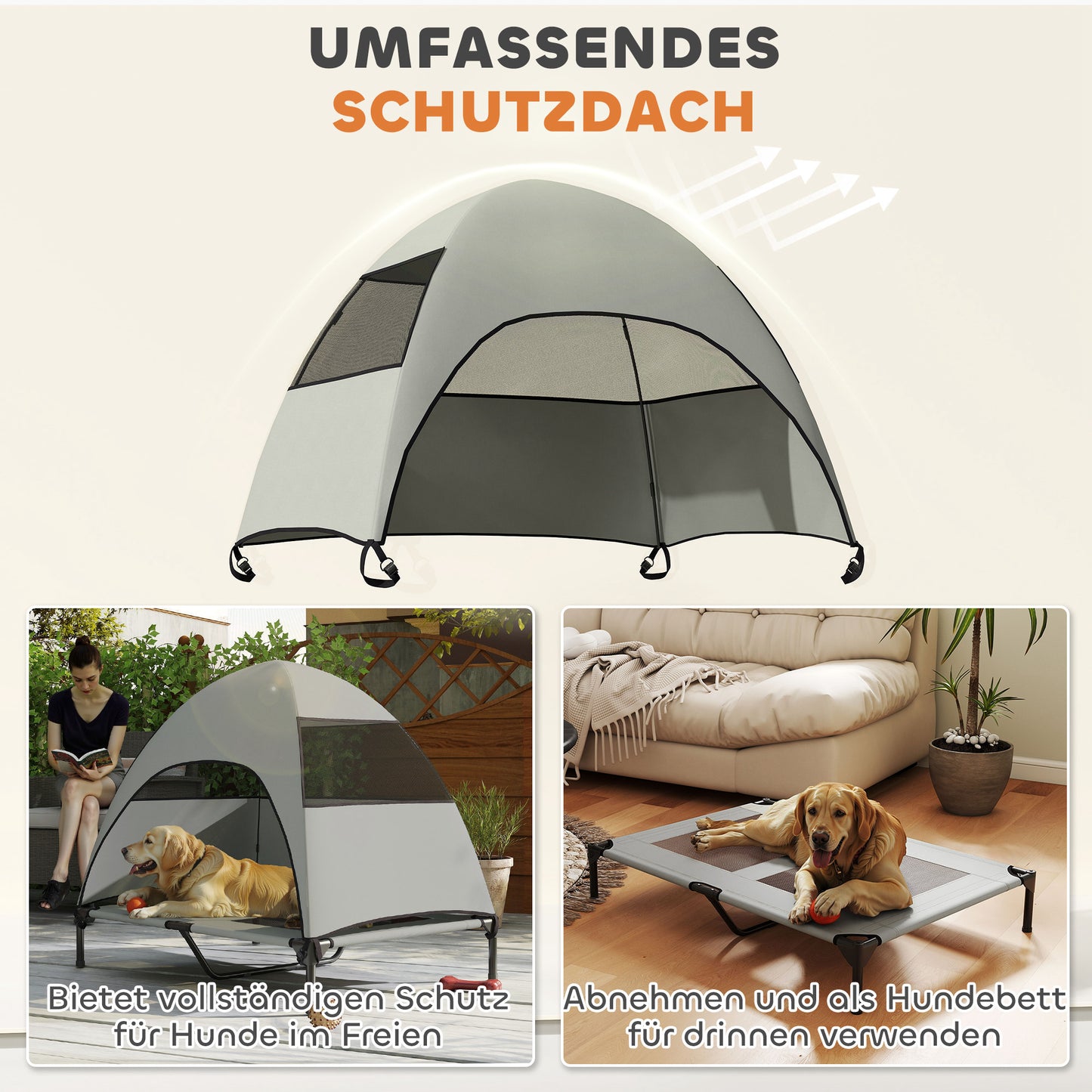 PawHut Hundeliege Outdoor mit Dach، Erhöhtes Hundebett für Große Hunde، 106 × 76 × 99 سم، Hellgrau