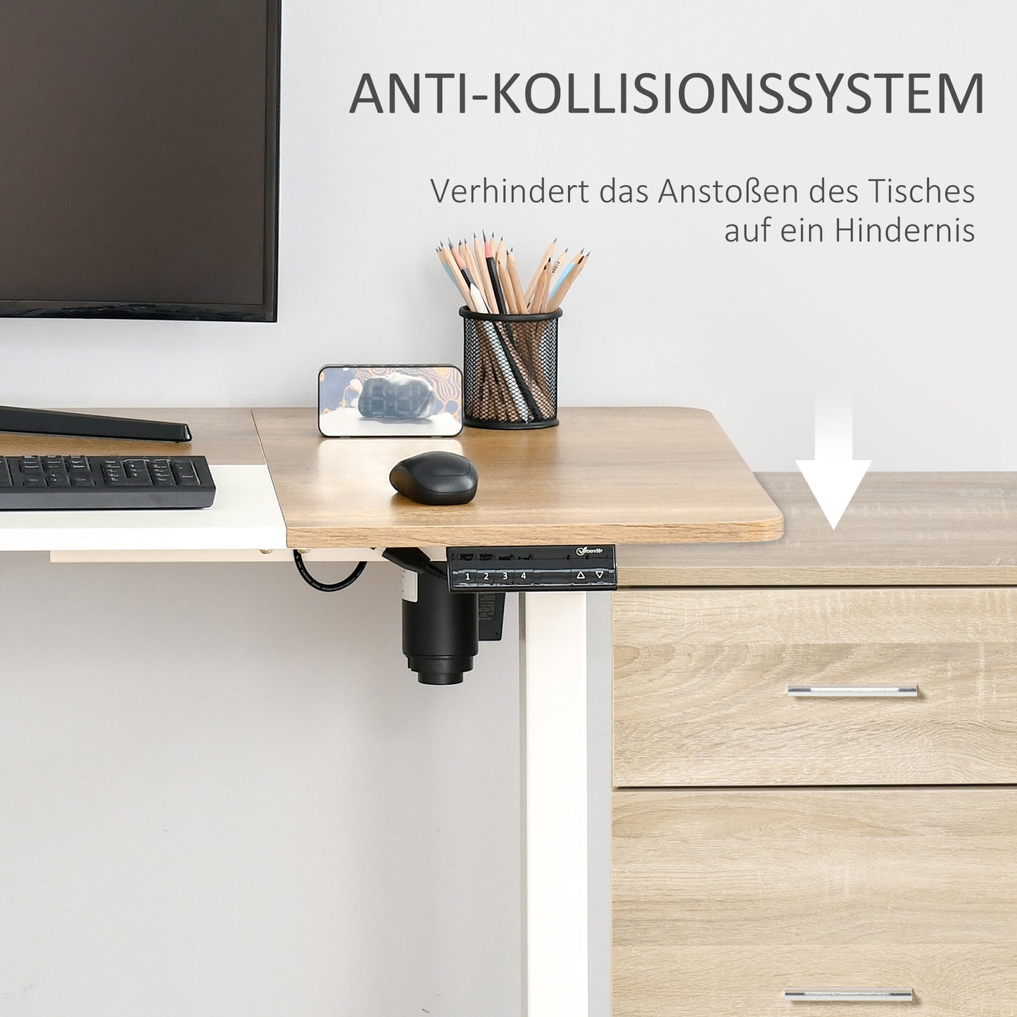 Vinsetto Höhenverstellbarer Schreibtisch Elektrisch 140 x 70 cm Computertisch mit 4 Memory-Steuerung, 4 tlg. Tischplatte, Steh-Sitz Tisch mit Anti-Kollision, Überhitzungsschutz Weiß