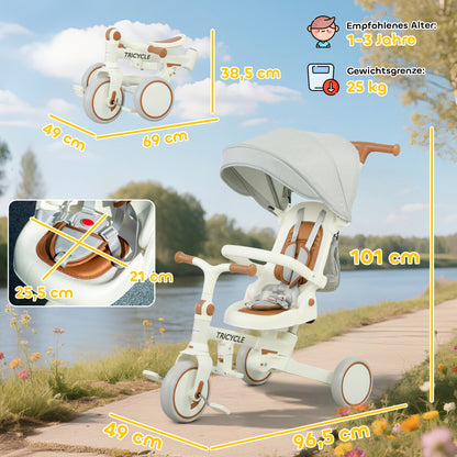AIYAPLAY Kinder-Dreirad, wandelbarer Baby-Buggy, 5-in-1 Design, abnehmbarer Schiebegriff, verstellbar, Sicherheitsgurt, Aufbewahrungstasche, 1-3 Jahre, Cremeweiß