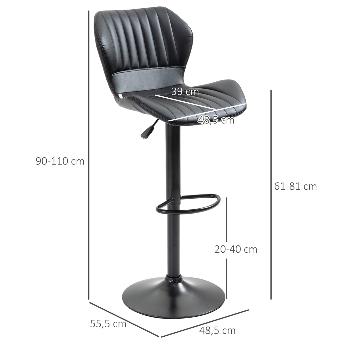 HOMCOM Barhocker Barstuhl 2-er Set höhenverstellbar 48,5 x 55,5 x 90-110 cm Kunstleder+Stahl Schwarz