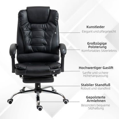 HOMCOM Bürostuhl mit Fußstütze, Schreibtischstuhl, verstellbare Rückenlehne, höhenverstellbar, Schwarz