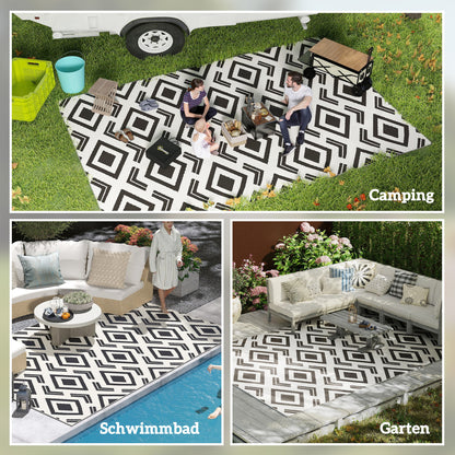 Outsunny Outdoor Teppich robuster Wetterfest Outdoorteppich mit Tragtasche, faltbar Carpet Boho-Style 182 x 274 cm Schwarz+Weiß