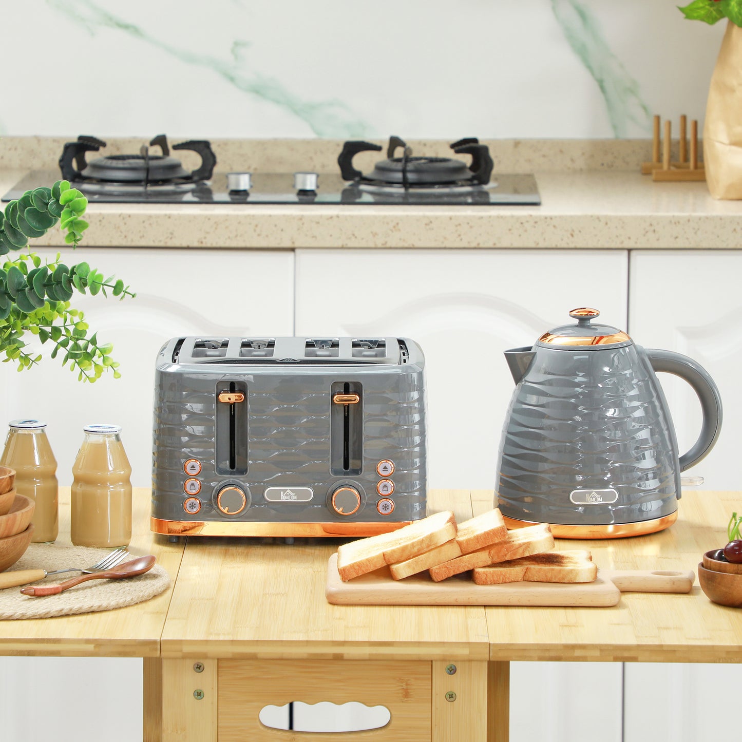 HOMCOM 2-in-1 Toaster und Wasserkocher Set, 7 Bräunungsstufen, Auftau- und Aufwärmfunktion, Grau