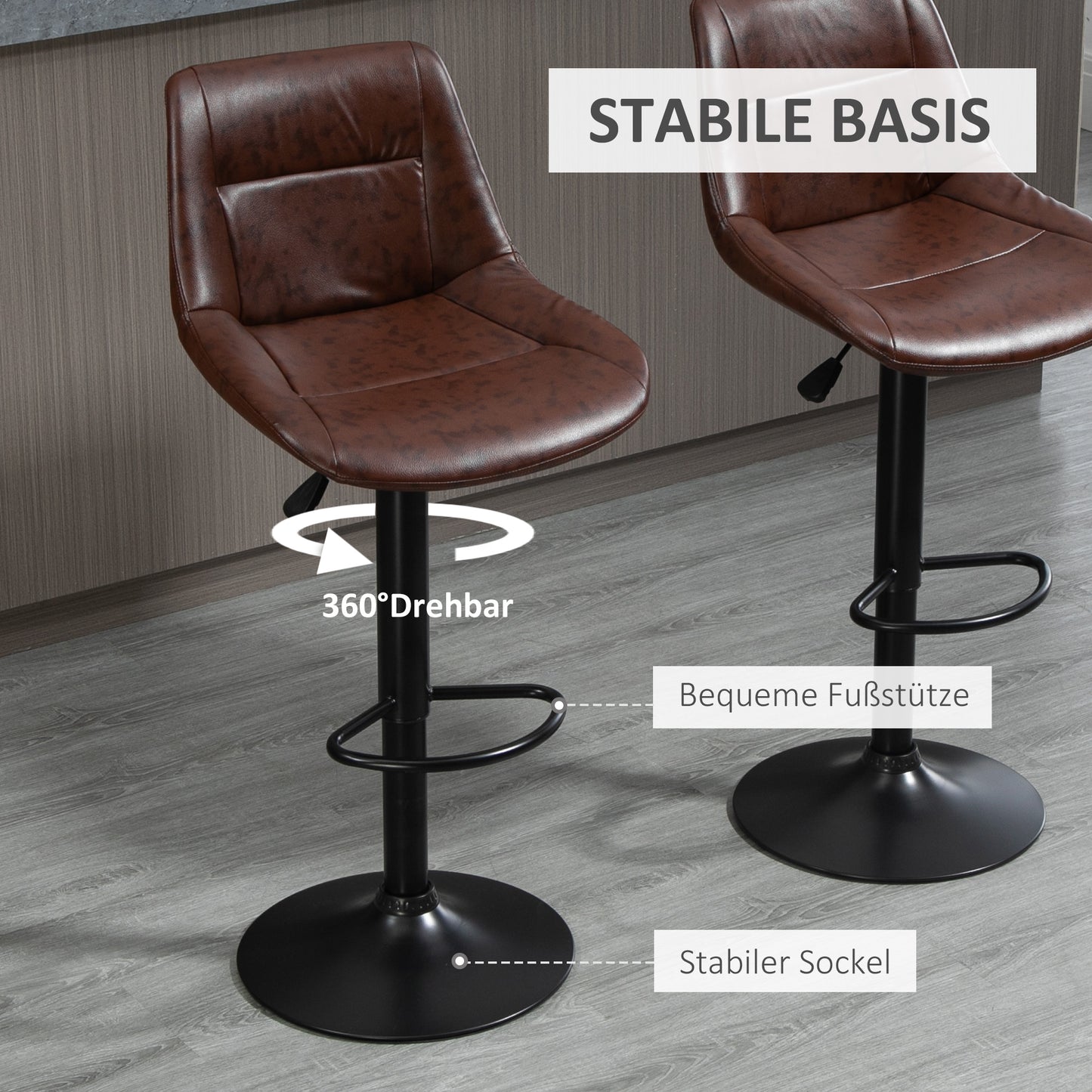 HOMCOM 2er-Set Barhocker Barhocker Barstühle, höhenverstellbar, inkl. Fußstütze, 46,5cm x 50cm x 108cm, Schwarz + Braun