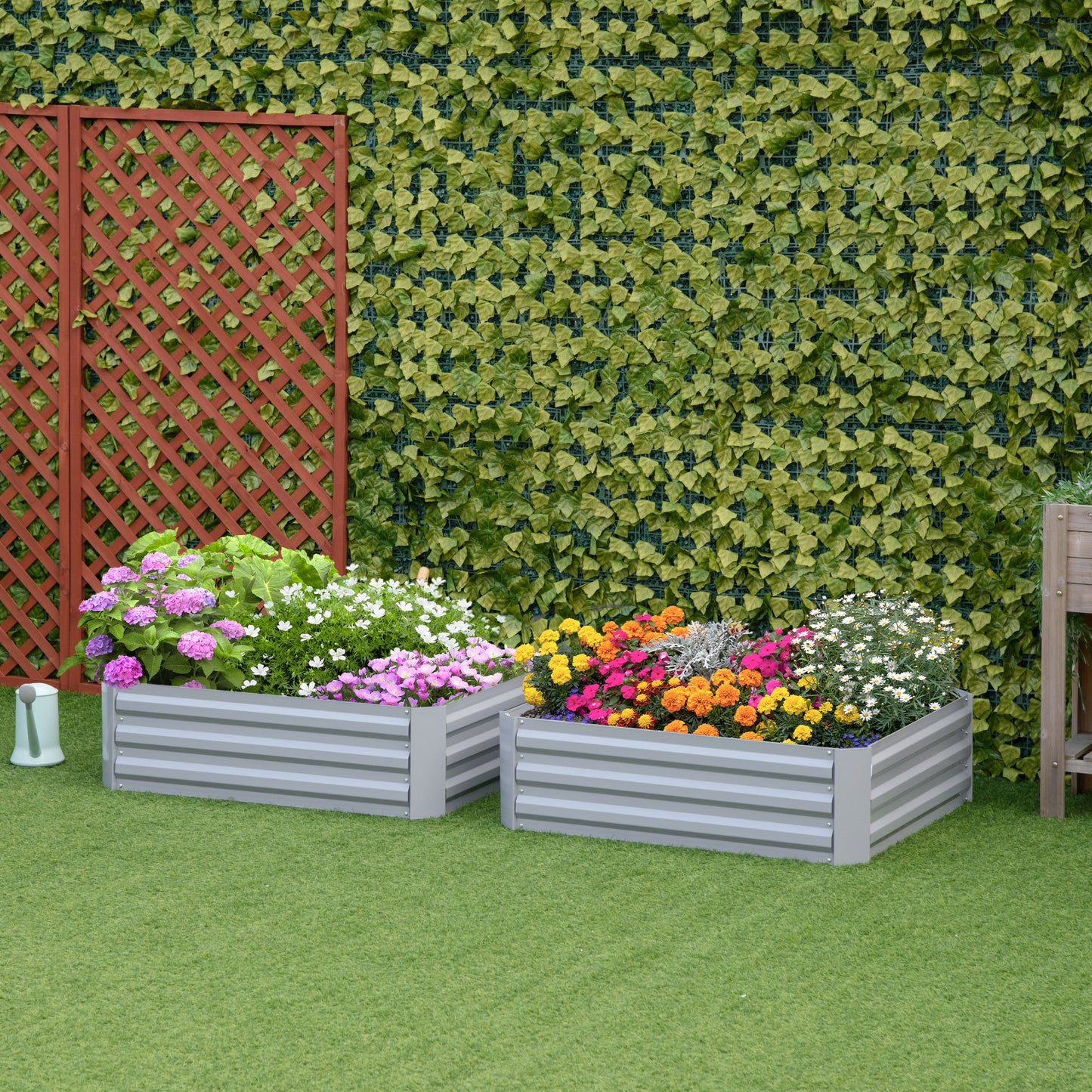 Outsunny Pflanzkasten, 2er-Set, Blumenkasten, offener Boden, Stahlrahmen, grau, (2 x) 100 x 100 x 30 cm