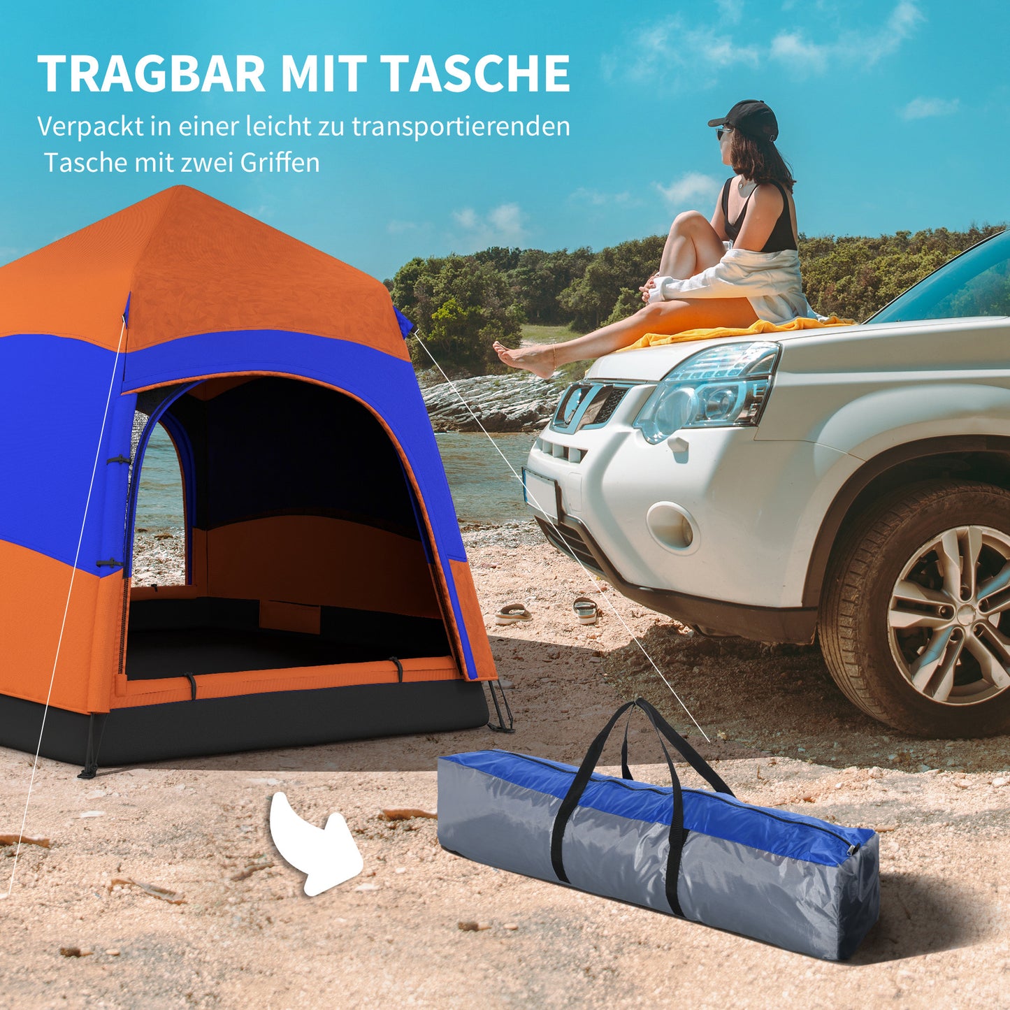 Outsunny Doppellagiges Instant-Pop-Up-Zelt mit Regenschutz, Outdoor Familienzelt für 4 Personen wasserdicht sechseckig 4 Jahreszeiten Kuppelzelt mit Bodenplane 2 Türen Moskitonetz Tragetasche Orange