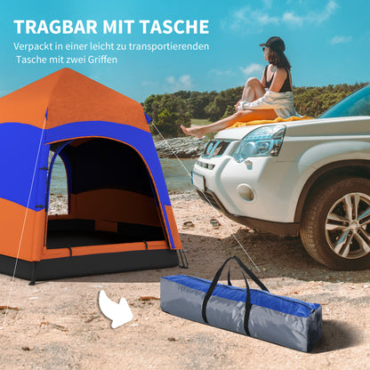 Outsunny Doppellagiges Instant-Pop-Up-Zelt mit Regenschutz, Outdoor Familienzelt für 4 Personen wasserdicht sechseckig 4 Jahreszeiten Kuppelzelt mit Bodenplane 2 Türen Moskitonetz Tragetasche Orange