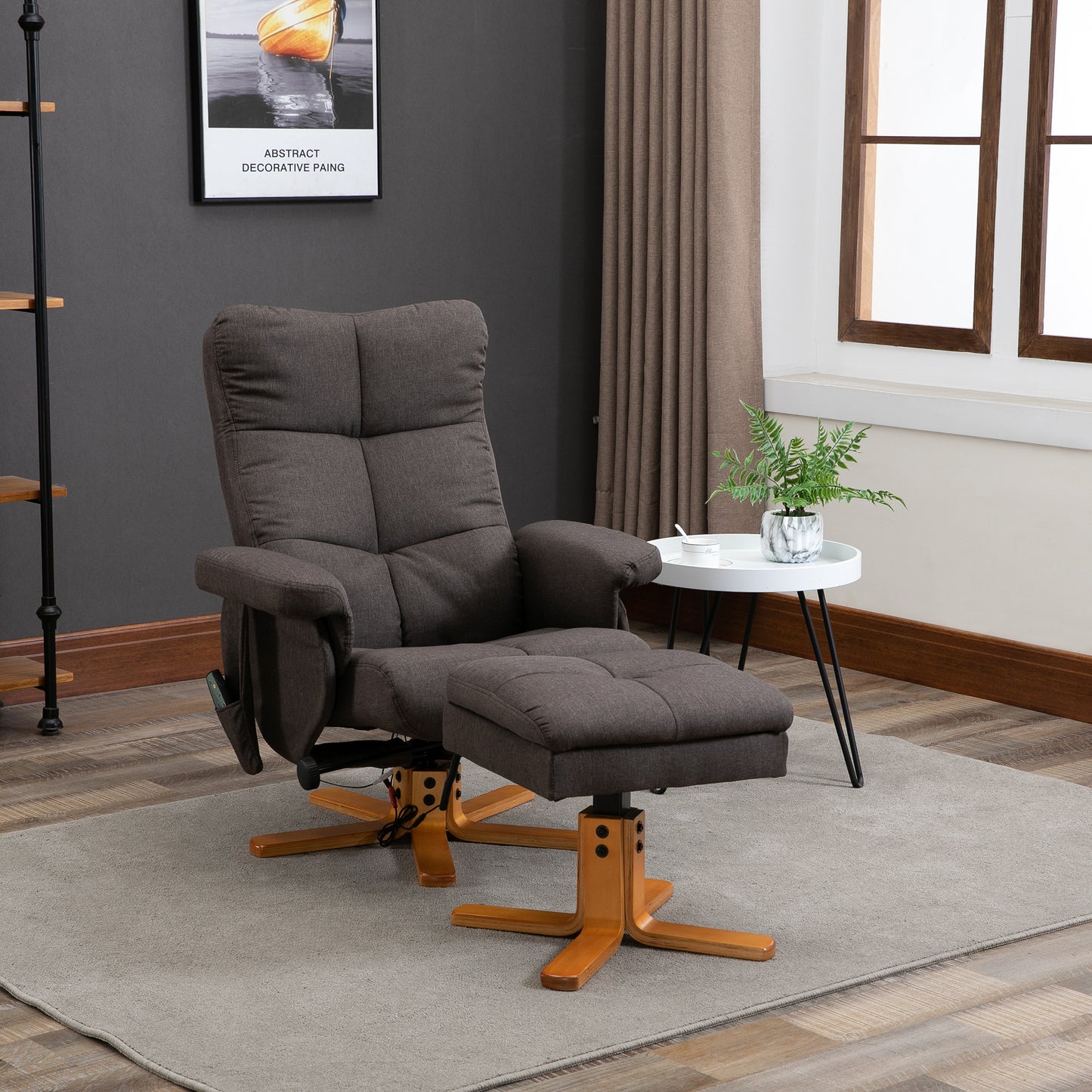 HOMCOM Relaxsessel mit Fußhocker, Stauraum, Elektrischer Massagesessel mit Liegefunktion, Drehbarer Fernsehsessel mit Seitentasche, Fernbedienung, Holzrahmen, Polyester, Braun