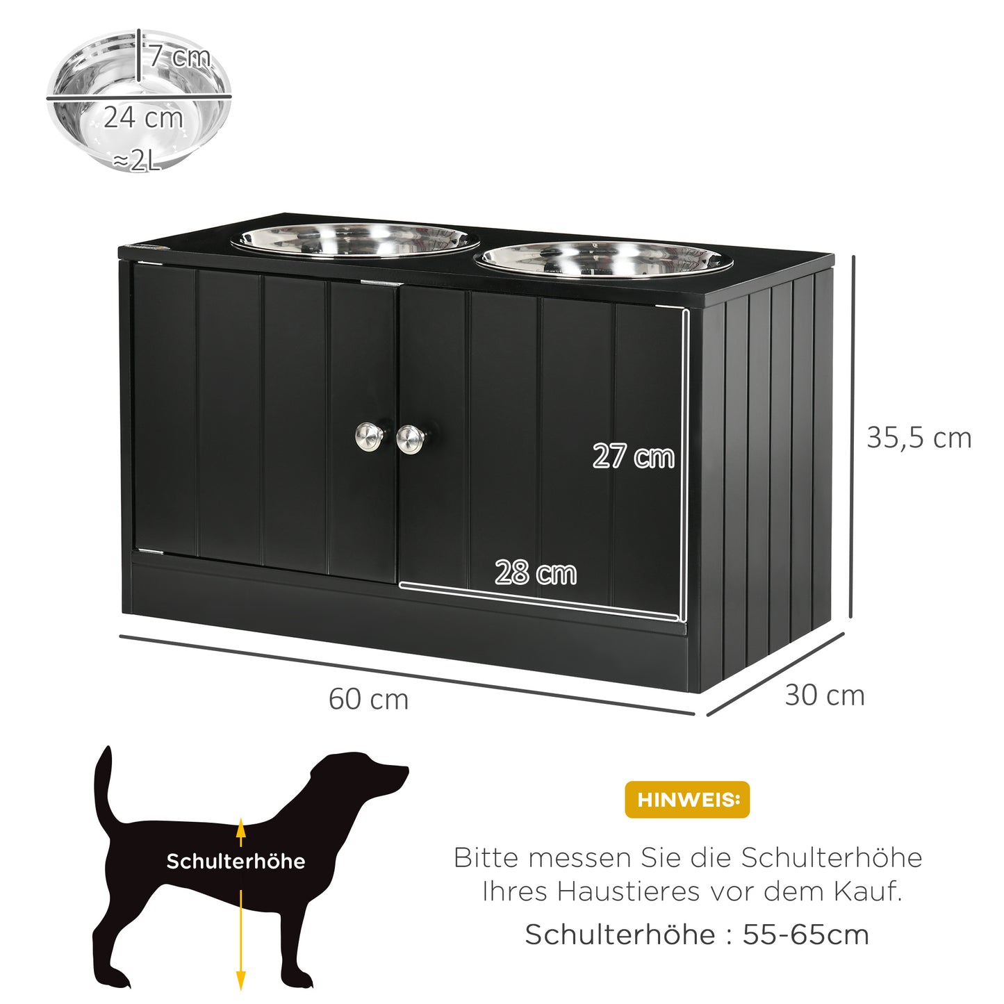 PawHut Erhöhte Futterstation mit 2 Edelstahlschüsseln und 44 L Stauraum, Magnettüren, für große Hunde, Schwarz