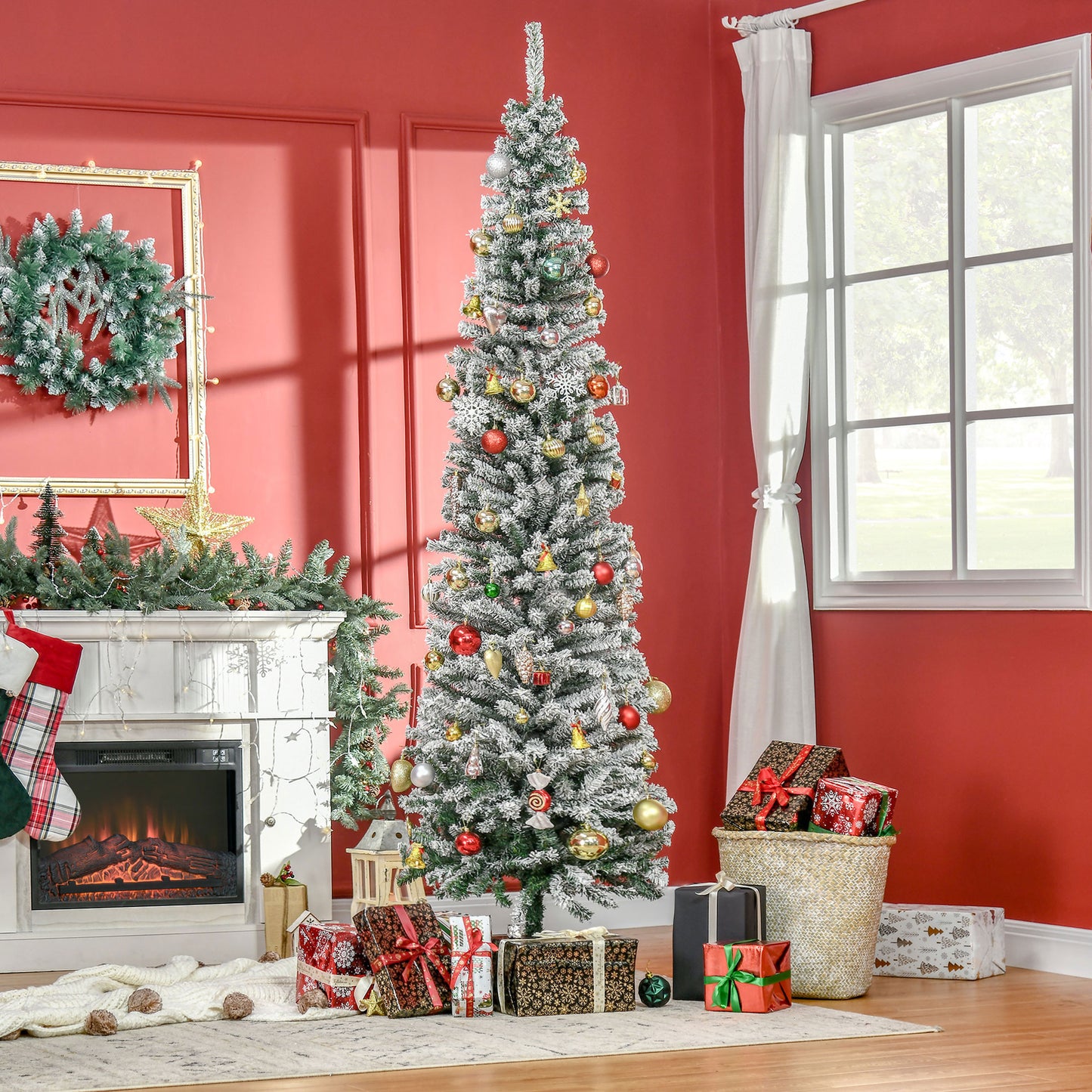 HOMCOM Künstlicher Weihnachtsbaum 225 cm Bleistift Kiefernbaum mit Schnee, 738 Spitzen für drinnen