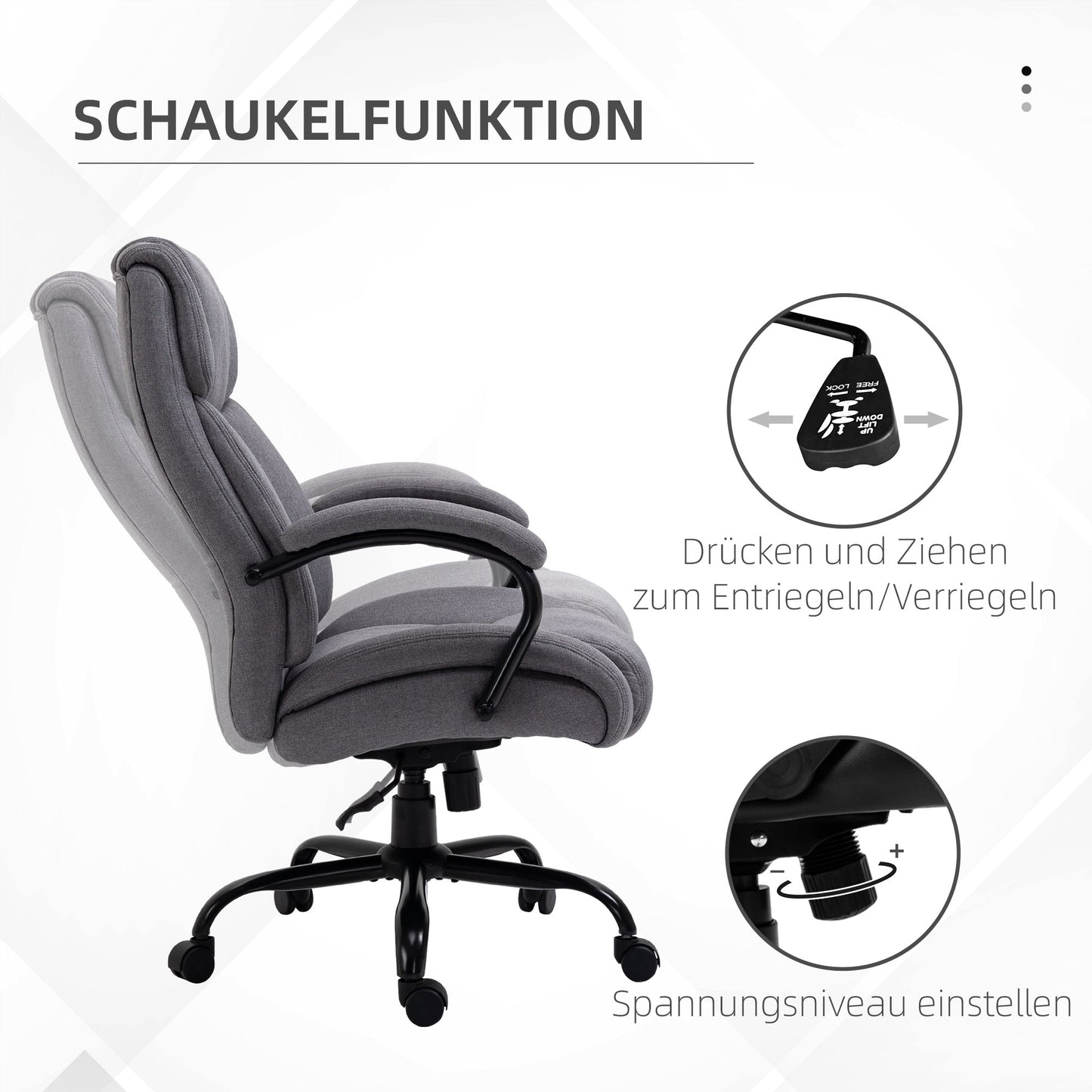 Vinsetto Bürostuhl, Ergonomischer Chefsessel bis 220 kg belastbar, Gepolsterter Schreibtischstuhl mit Armlehne, breit Sitz, Höhenverstellbarer Drehstuhl mit Wippfunktion, Leinenoptik, Hellgrau