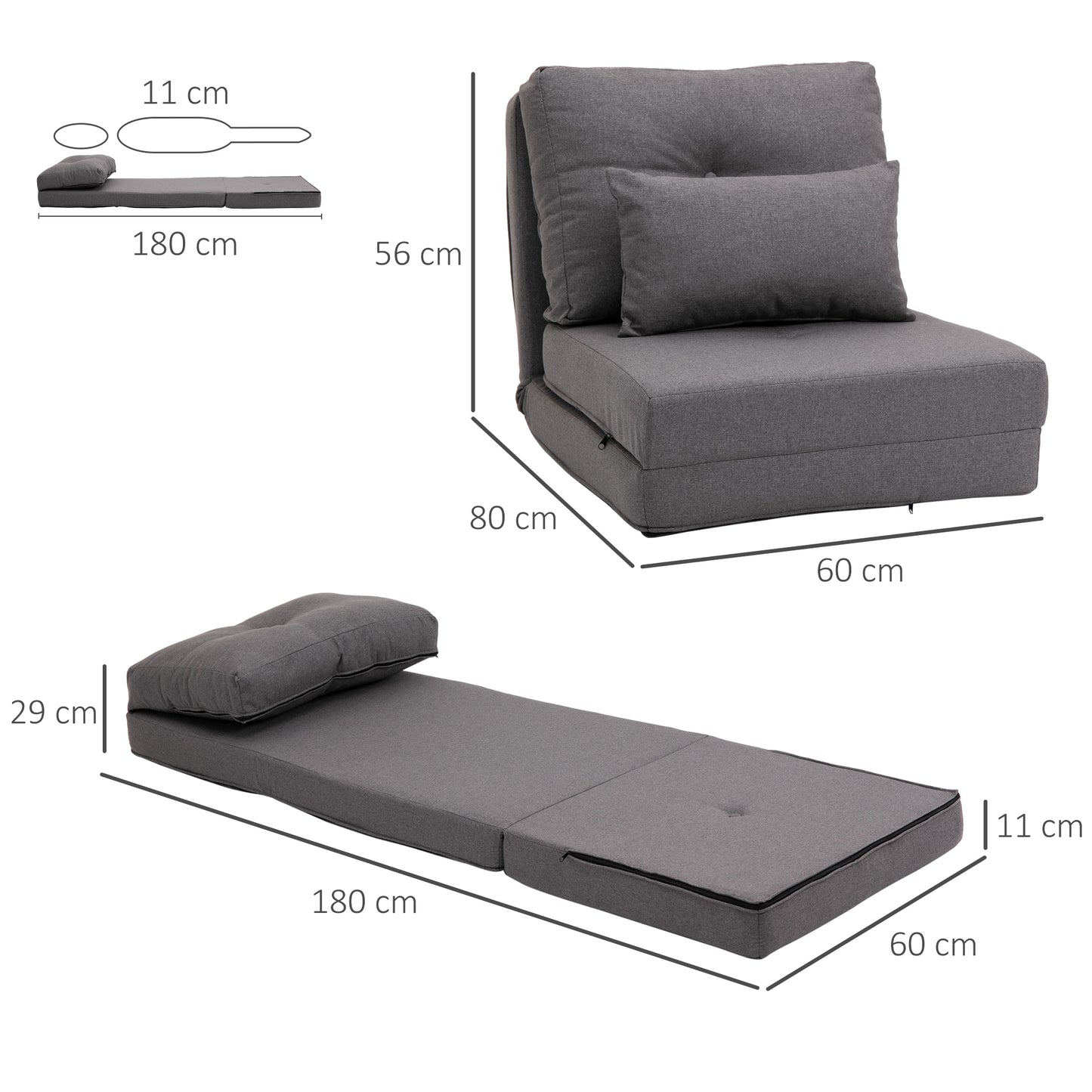 HOMCOM Bodensessel Klappmatratze Schlafmatte, 2-in-1-Design, abnehmbares Kissen, 60 x 80 x 56 cm, Dunkelgrau