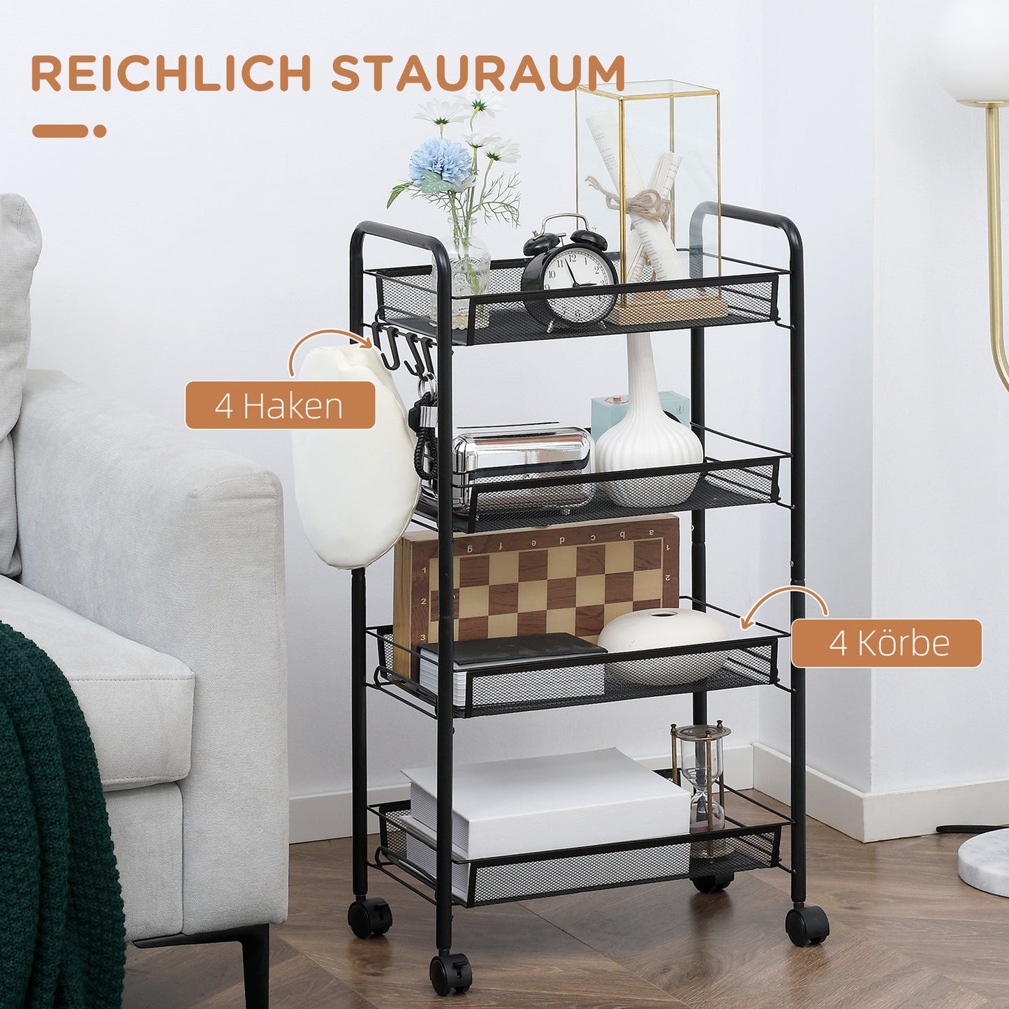 HOMCOM Rollwagen mit 4 Hängekörben, Servierwagen auf Rollen, fahrbar, abnehmbare Haken, Stahl, 45 x 26,5 x 84 cm, Schwarz