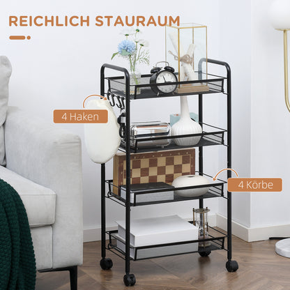 HOMCOM Rollwagen mit 4 Hängekörben, Servierwagen auf Rollen, fahrbar, abnehmbare Haken, Stahl, 45 x 26,5 x 84 cm, Schwarz