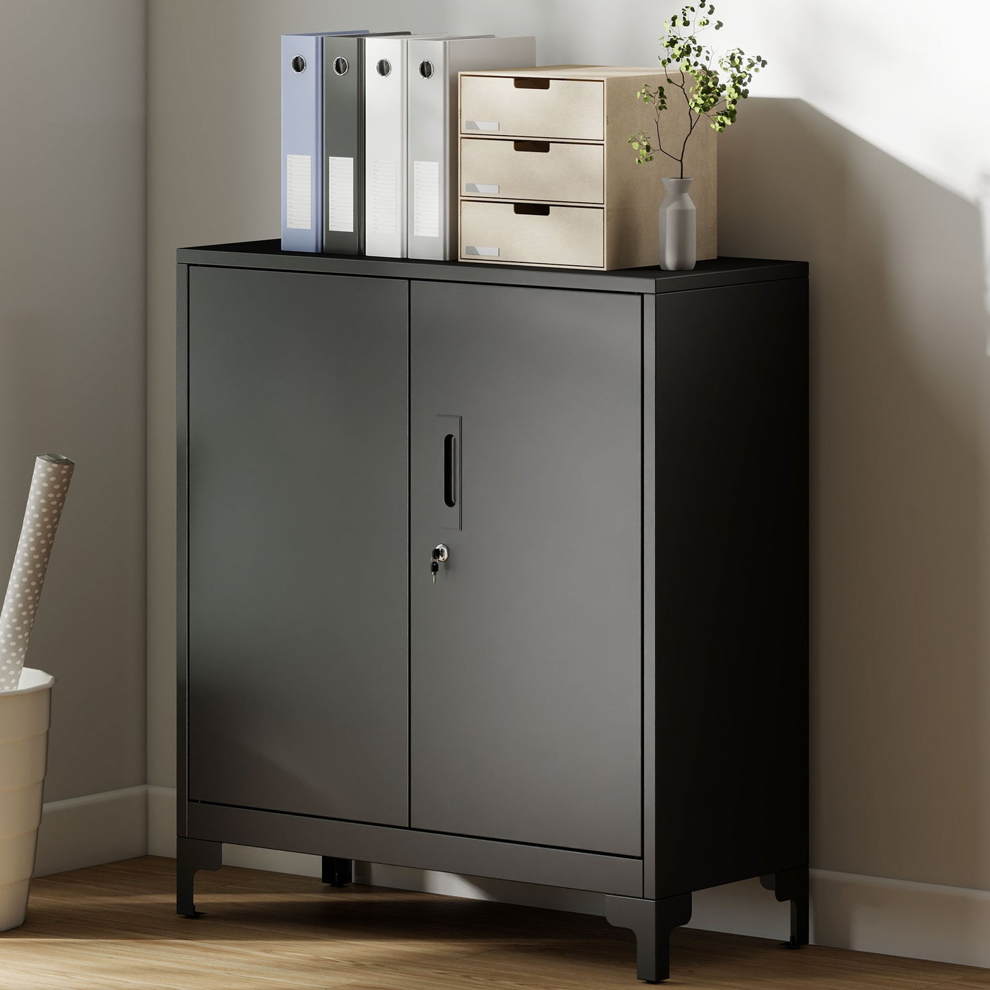 HOMCOM Büroschrank aus Metall, verschließbare Türen, Bürokommode, 2-stufiges Design, Schwarz