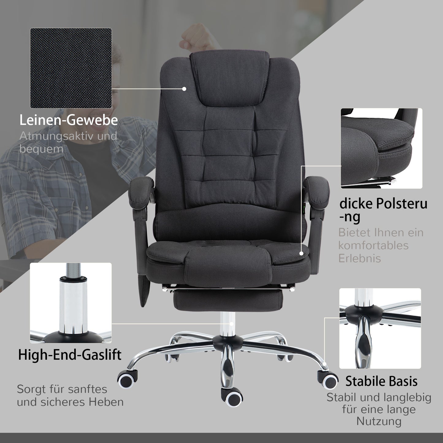 Vinsetto Bürostuhl mit Massagefunktion, Ergonomischer Schreibtischstuhl mit Liege- & Wärmefunktion, höhenverstellbar, Schwarz