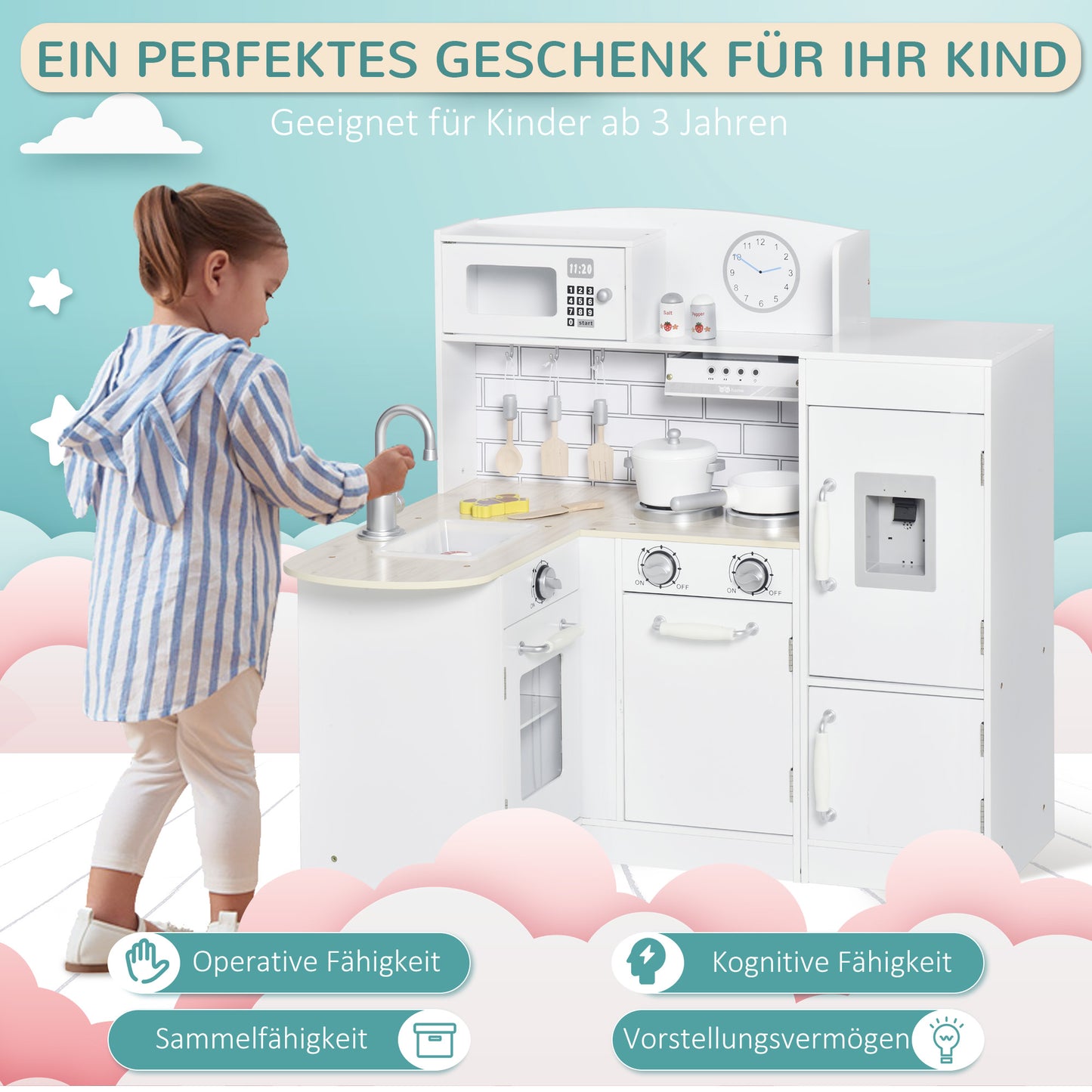 HOMCOM Spielküche, 14-tlg. Zubehör, elektr. Wasserspender, 86 x 64 x 84,5 cm, Weiß