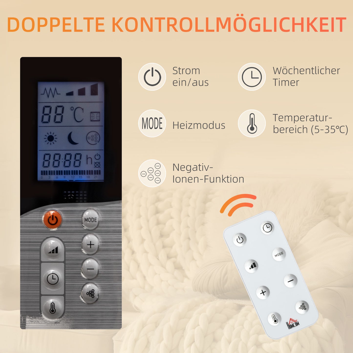 HOMCOM Elektroheizung mit Rollen, 9 vorinstallierte Modi, Wandmontage möglich, 5-35° C, weiß, 75 x 7,5 x 58,5 cm
