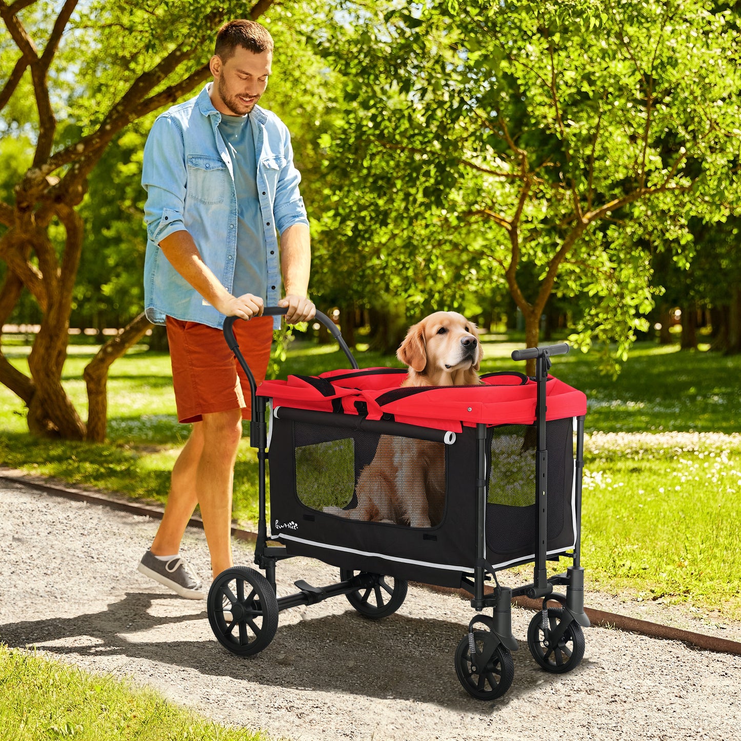 PawHut Hundewagen Hundebuggy klappbar für Hunde & Katzen bis 30 kg 110 x 65 x 102 cm Rot