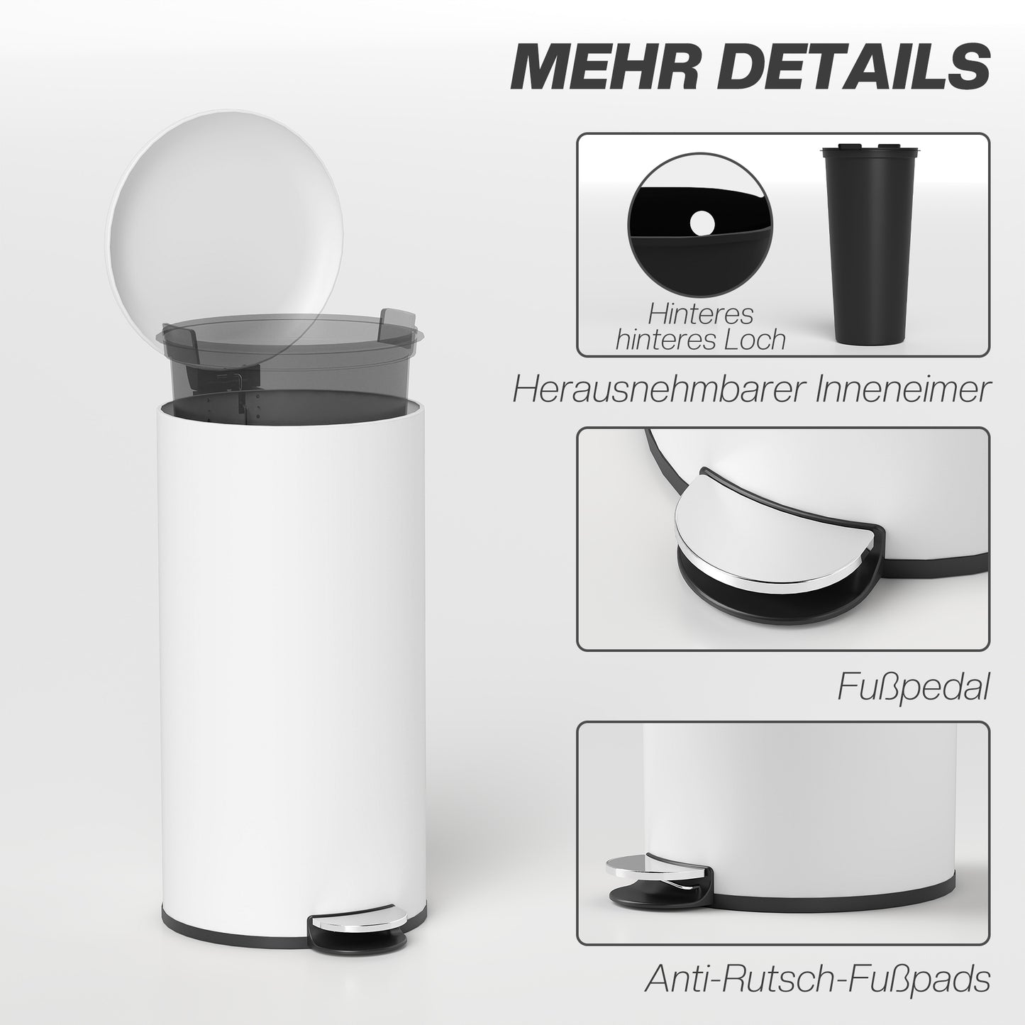 HOMCOM Mülleimer 30L, Treteimer, einrastbarer Deckel, Pedal, fleckenresistent, Cremeweiß