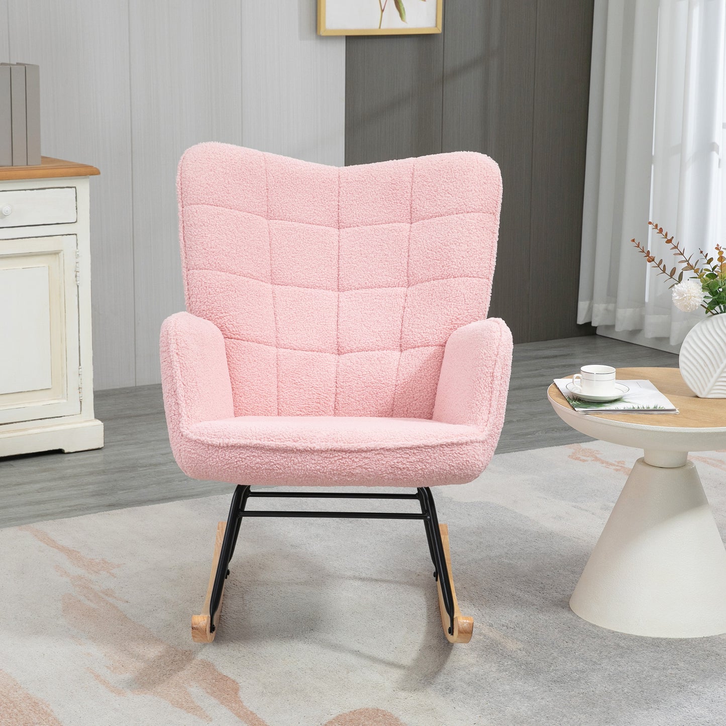 HOMCOM Schaukelstuhl im Retro-Design, Massivholz, Sessel, Relaxsessel, 98 cm x 71 cm x 101 cm, Rosa