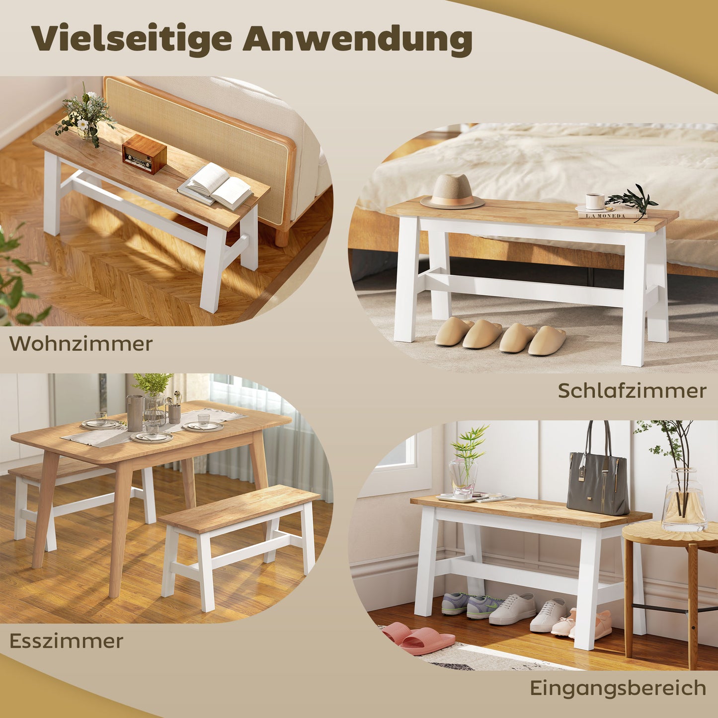 HOMCOM Sitzbank für 2, Holzbank in Eichenoptik, stabilisierende Querstange, für Wohnzimmer, Esszimmer, Flur, Kautschukholz, Weiß