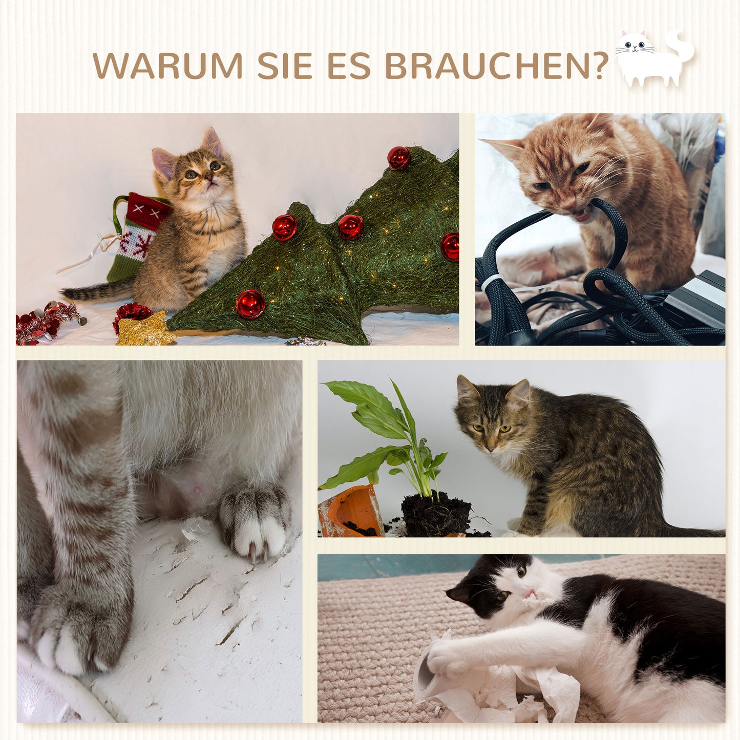 PawHut Kletterstufen, Kletterwand, Katzentreppe, 4-tlg. Set, mit Kratzbaum, Hängematte, grau+cremeweiß, 40 x 28 x 73cm